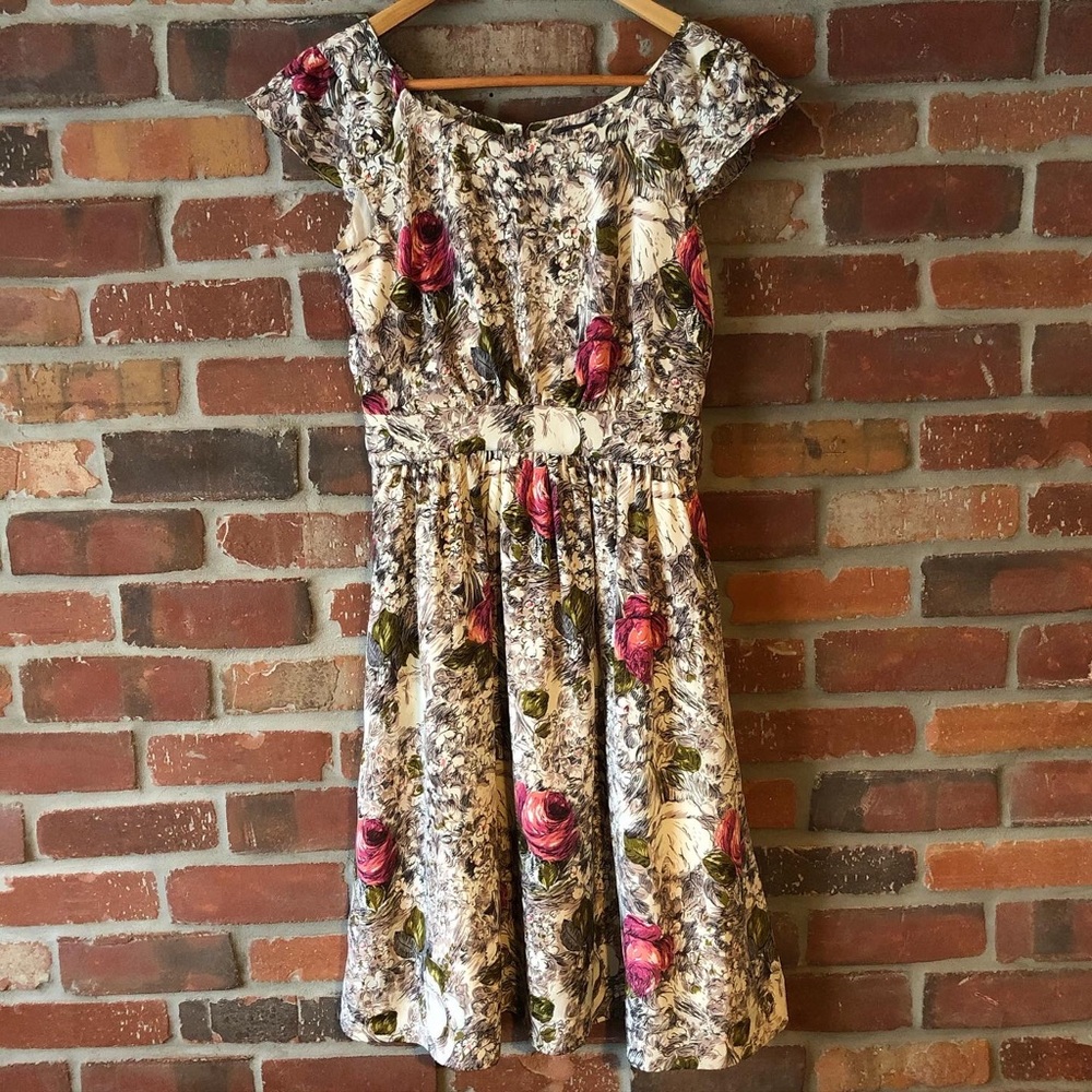 Floral Midi Dress with Rose Print - Pink & Cream